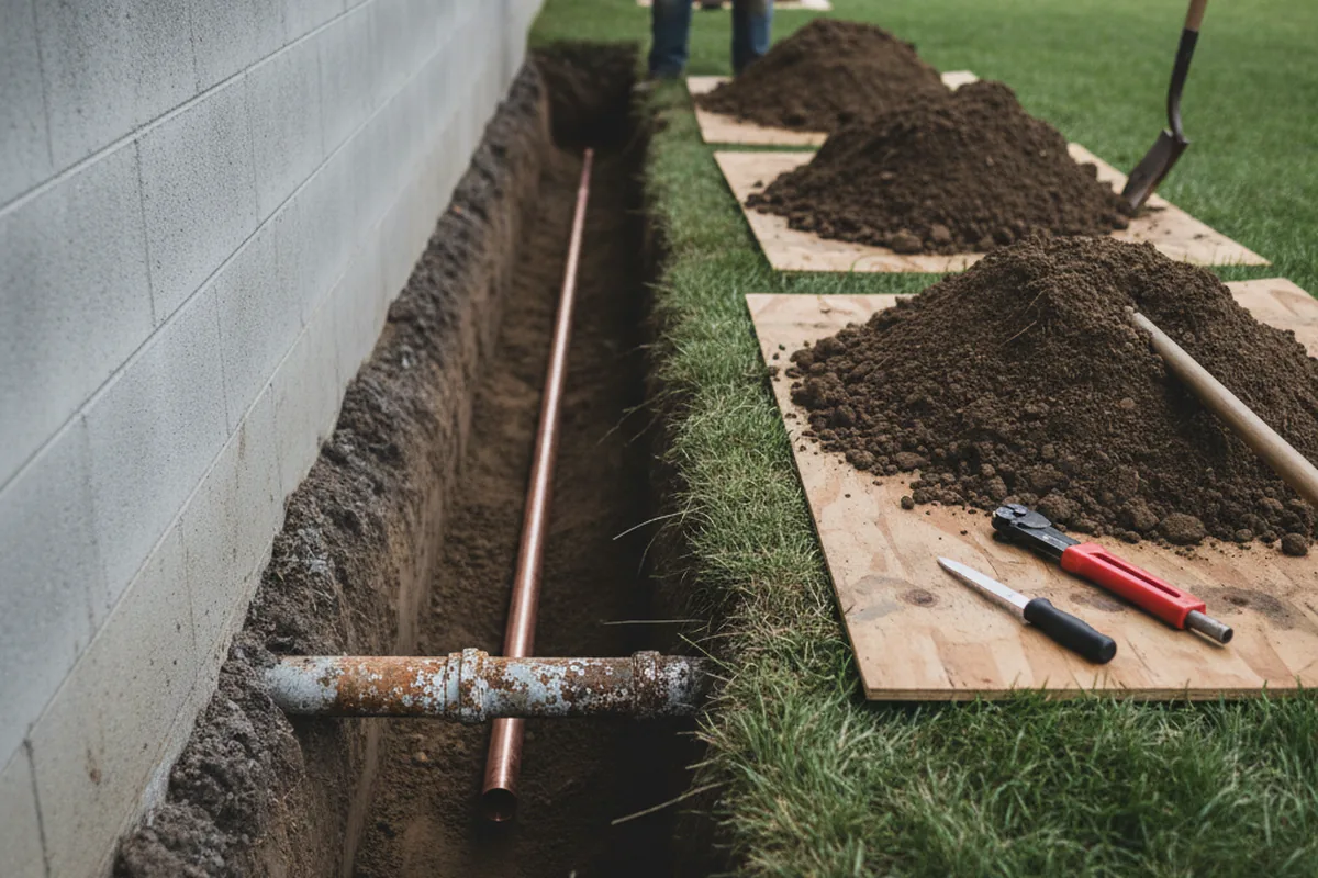 Excavated water line trench during Sewer Line Repair in Condon
